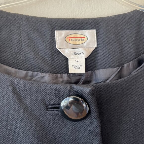 Talbots Sz 14 Black Crop Short Stretch Blazer Jacket 3 Button Swing Coat Lined - Picture 2 of 8